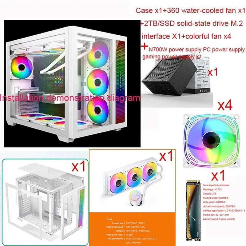 Transparent Computer Case, Desktop Computer ATX, Side Transparent 360 Water-Cooled Gaming Computer Case+360 Water-Cooled Fan X1+2TB/SSD Solid-State Drive M.2 Interface X1+Colorful Fan X4 N700W Power Supply PC Power Supply Gaming Power Supply X1