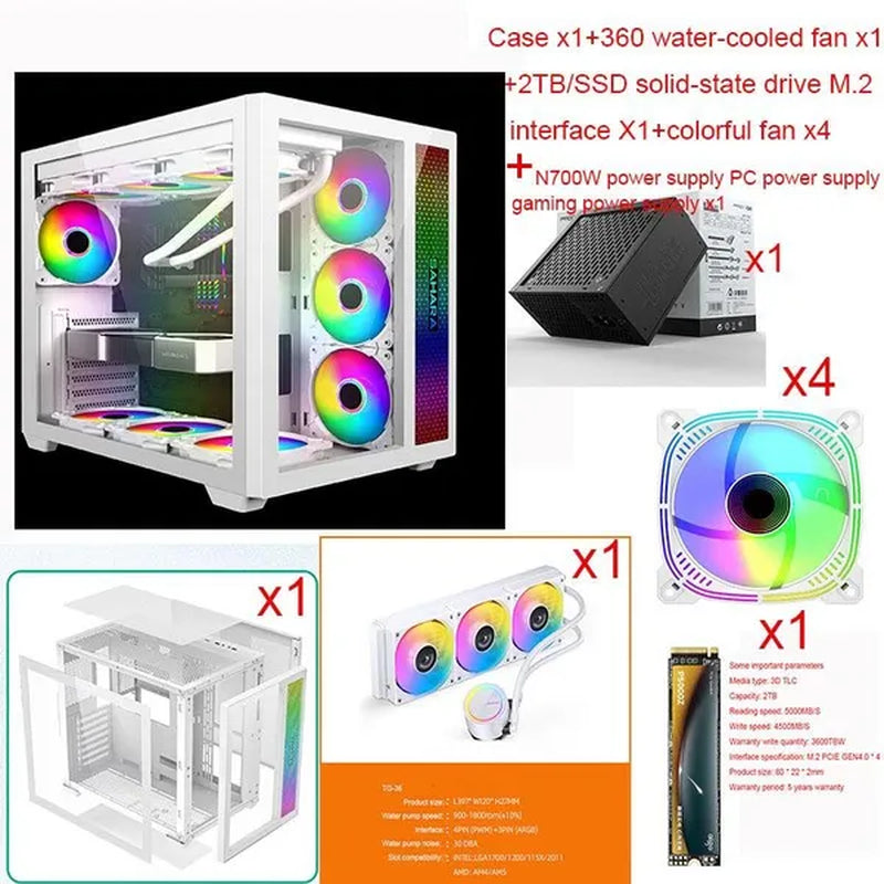 Transparent Computer Case, Desktop Computer ATX, Side Transparent 360 Water-Cooled Gaming Computer Case+360 Water-Cooled Fan X1+2TB/SSD Solid-State Drive M.2 Interface X1+Colorful Fan X4 N700W Power Supply PC Power Supply Gaming Power Supply X1
